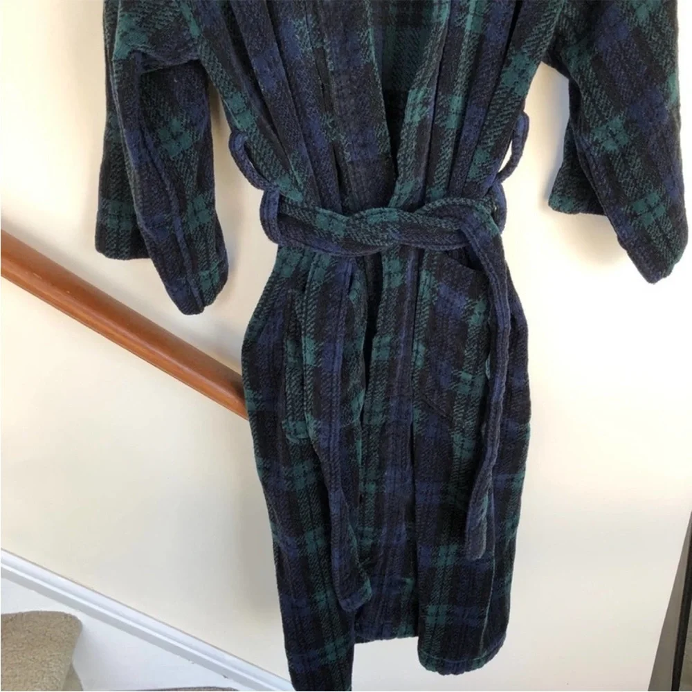 Vintage Christian Dior Pyjama Cotton Robe Plaid Green Blue One Size Terry Robe - Picture 3 of 12
